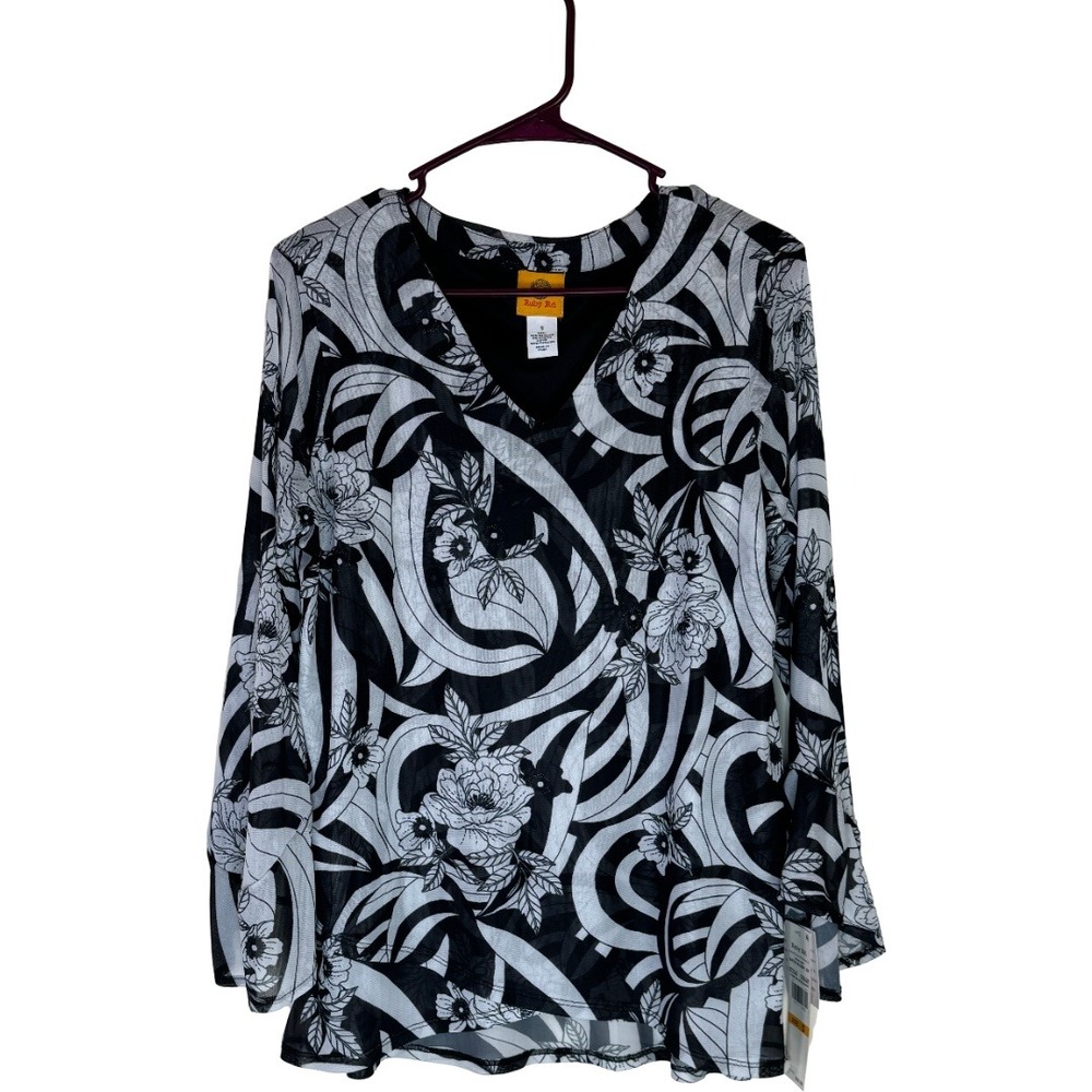 Ruby Rd Blouse Women Small Black White Batik Floral Abstract V-Neck Bell Sleeve